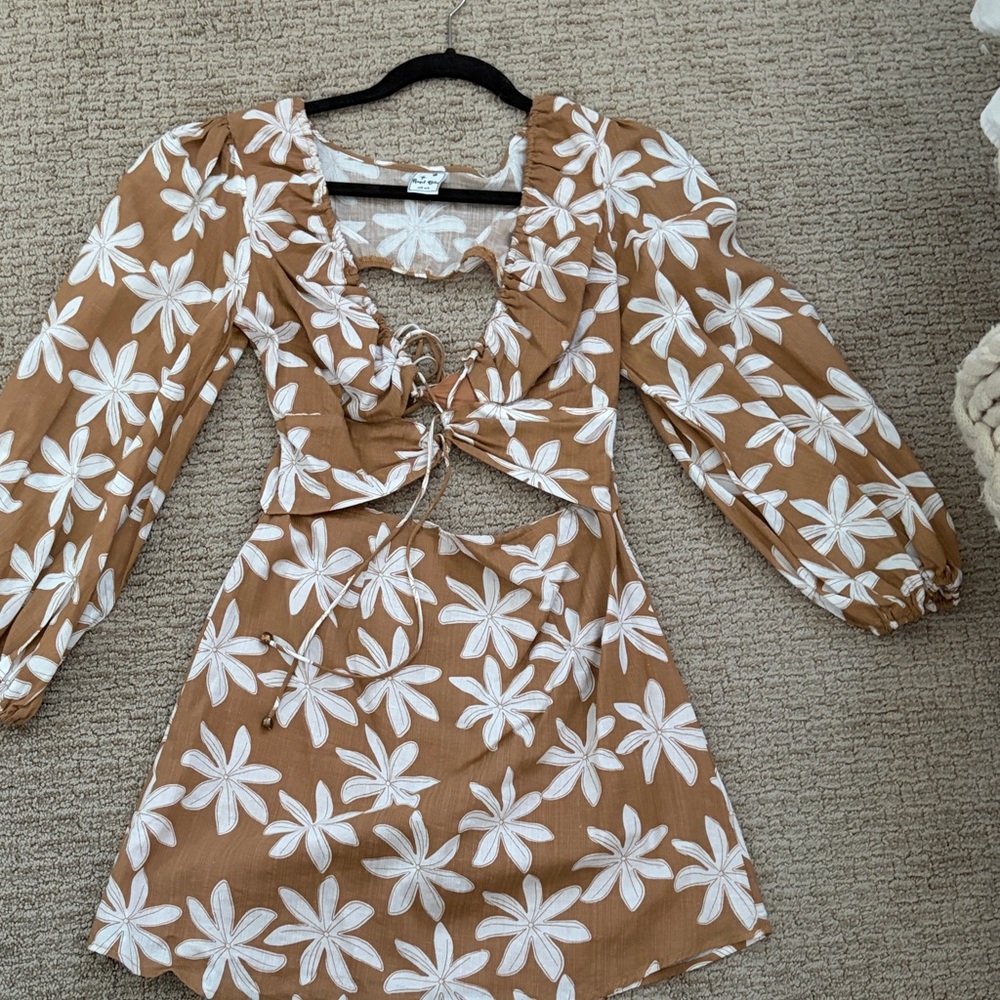 Floral Tie-Front Mini Dress in Brown and White